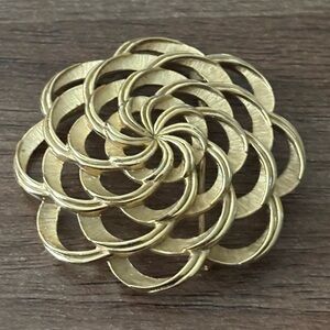 Vintage Crown Trifari Gold Swirl Brooch Layered Open Flower Pin Mid-Century Mod